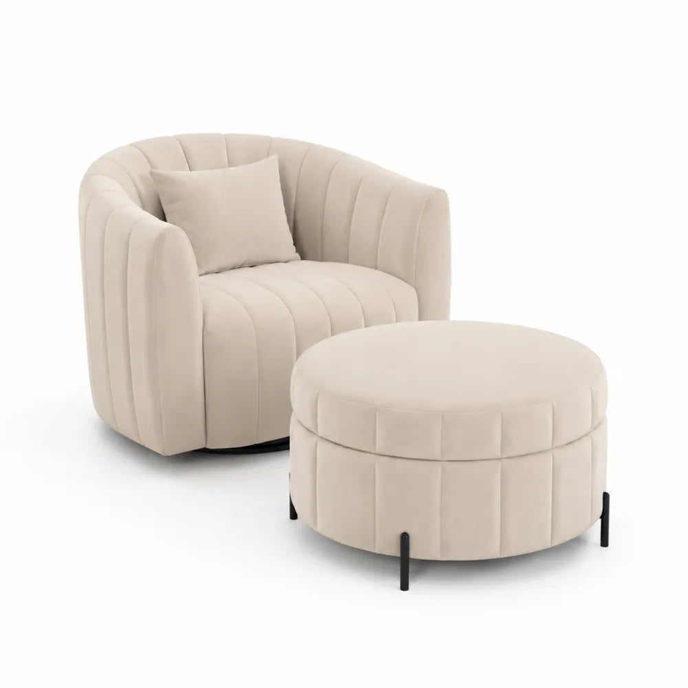 Samtgepolsterter Sessel und Ottomane Set Beige
