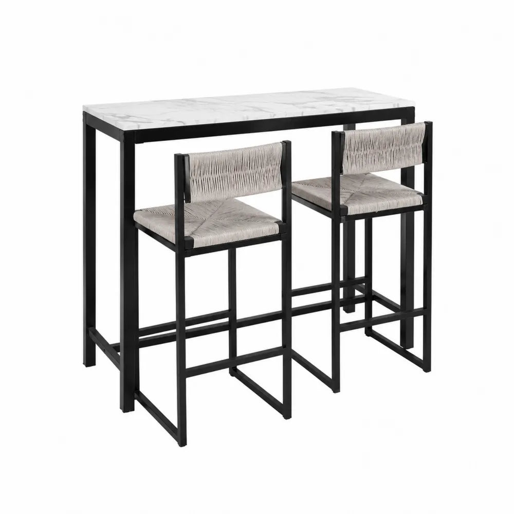 Bar-Set mit zwei Barhockern, Marmoroptik Tischplatte, Stahlgestell